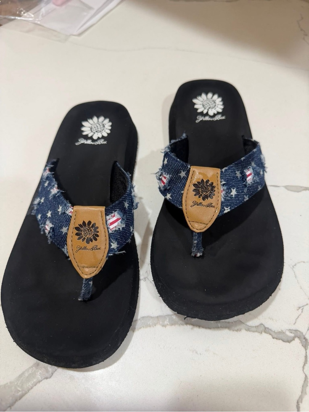 Yellow Box Black Footbed Denim Star Print Flip Flop Sandals with Tan Accent